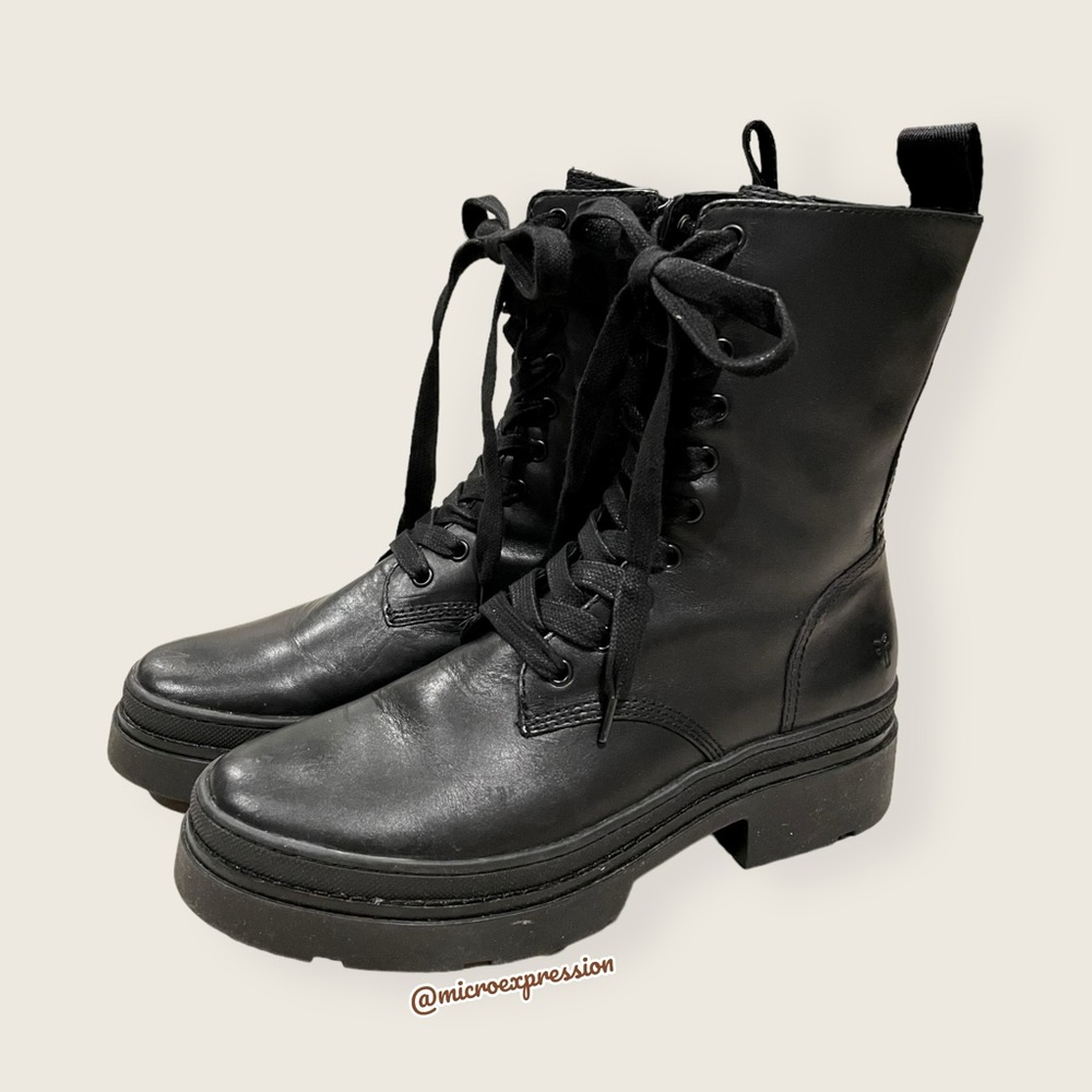 $399 Frye Chloe Lug Combat Black Leather Lace Up Moto Everyday Ankle Boot - Picture 11 of 16